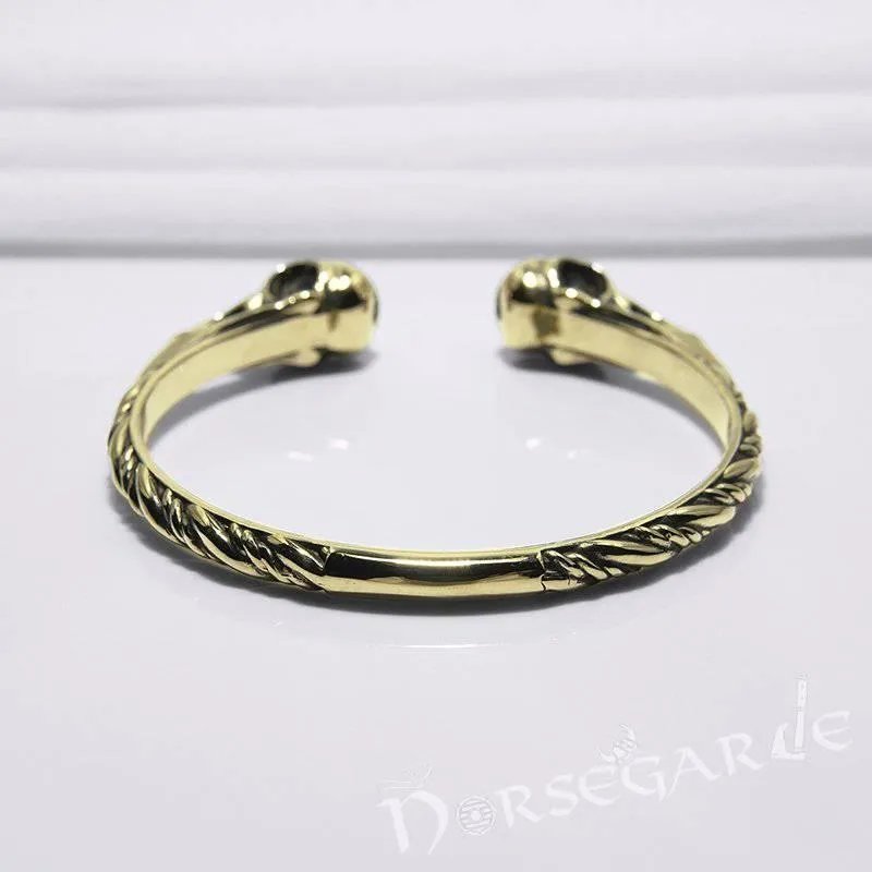 Handcrafted Gemmed Raven Skull Torc Bracelet - Bronze