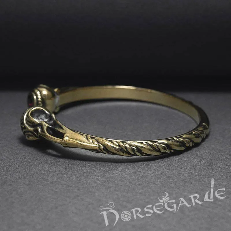 Handcrafted Gemmed Raven Skull Torc Bracelet - Bronze