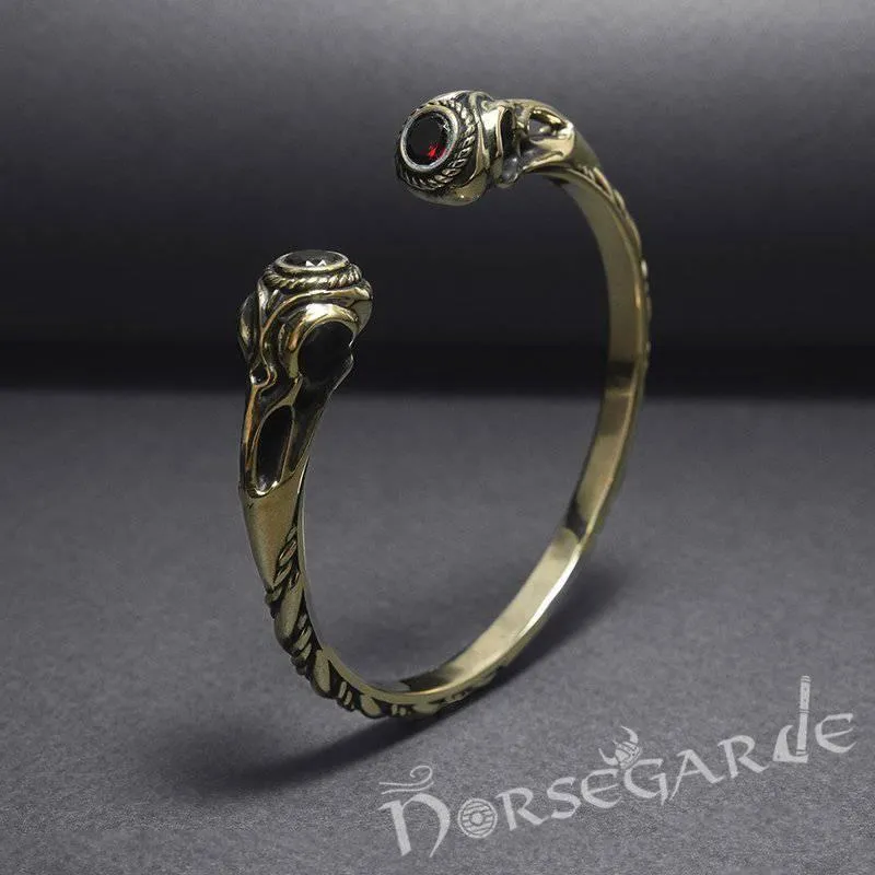 Handcrafted Gemmed Raven Skull Torc Bracelet - Bronze