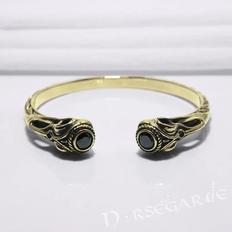 Handcrafted Gemmed Raven Skull Torc Bracelet - Bronze