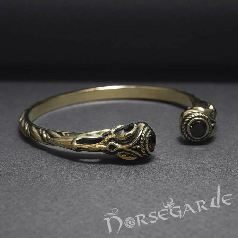 Handcrafted Gemmed Raven Skull Torc Bracelet - Bronze