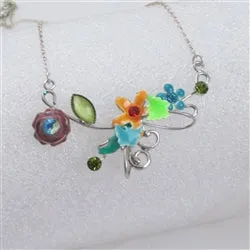 Handcrafted Multi-colored Flower Necklace with Silver Chain