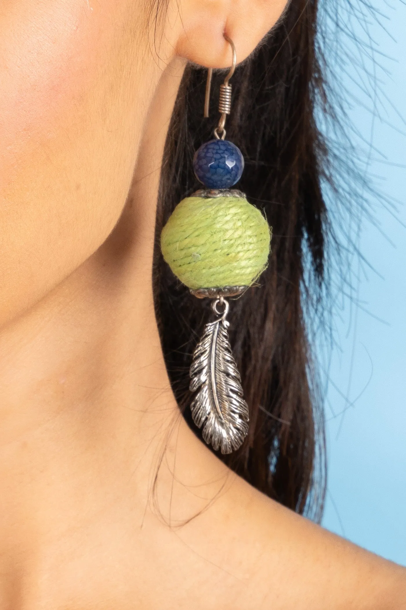 Handmade Blue Green Onyx Feather Earrings in Jute with German Silver Accents for Women and Girls