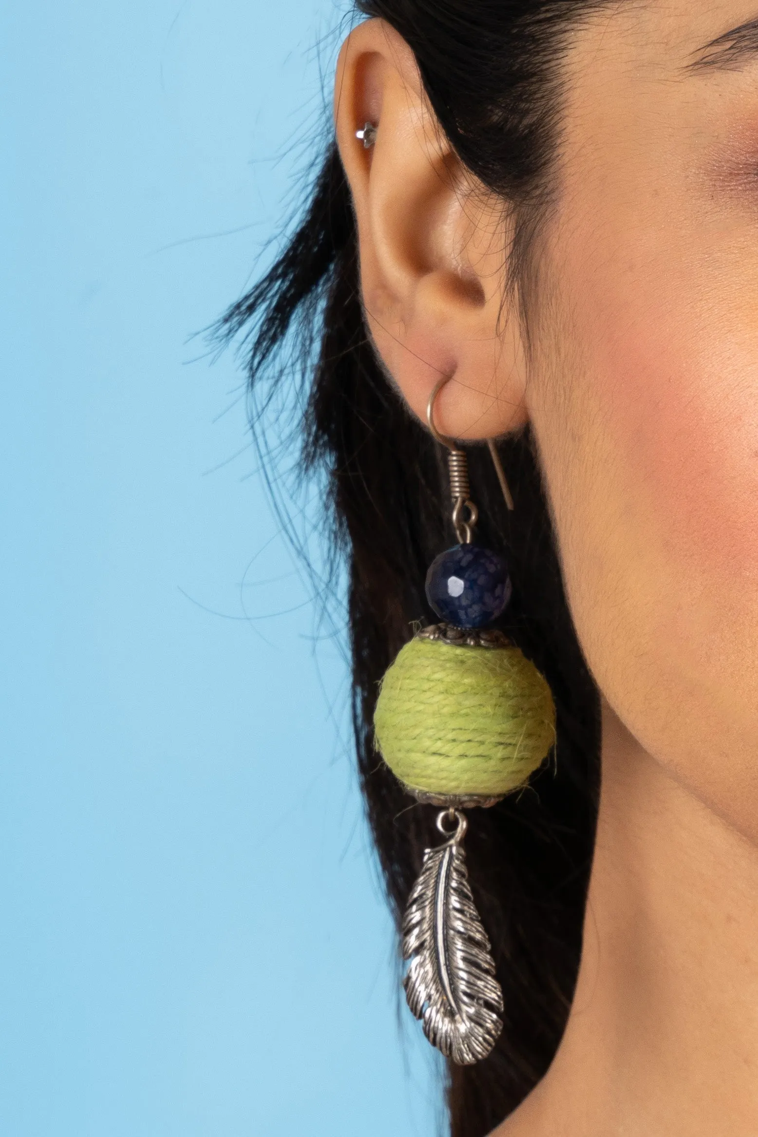 Handmade Blue Green Onyx Feather Earrings in Jute with German Silver Accents for Women and Girls