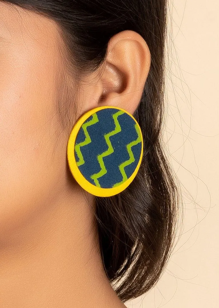 Handmade Yellow Green Zigzag Ajrakh Lightweight Fabric Earrings - Non-Allergic Plating for All Occasions