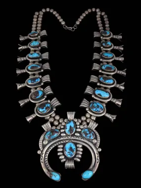 Heavy Vintage Native American Turquoise Sterling Silver Squash Blossom Necklace