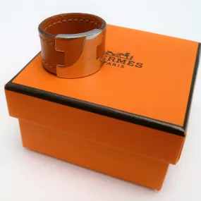 Hermes Ring "H" Orange Leather and Silver Tone w/ Pouch and Box Size L