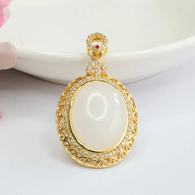 Hetian White Jade Zircon Necklace with Sterling Silver Fortune's Favor Pendant