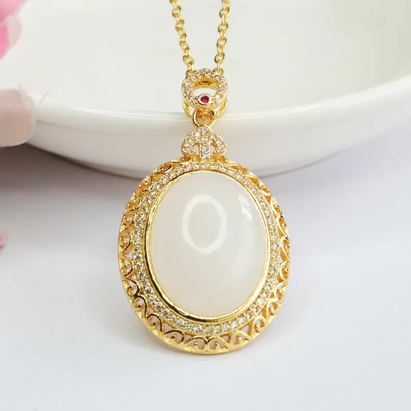 Hetian White Jade Zircon Necklace with Sterling Silver Fortune's Favor Pendant