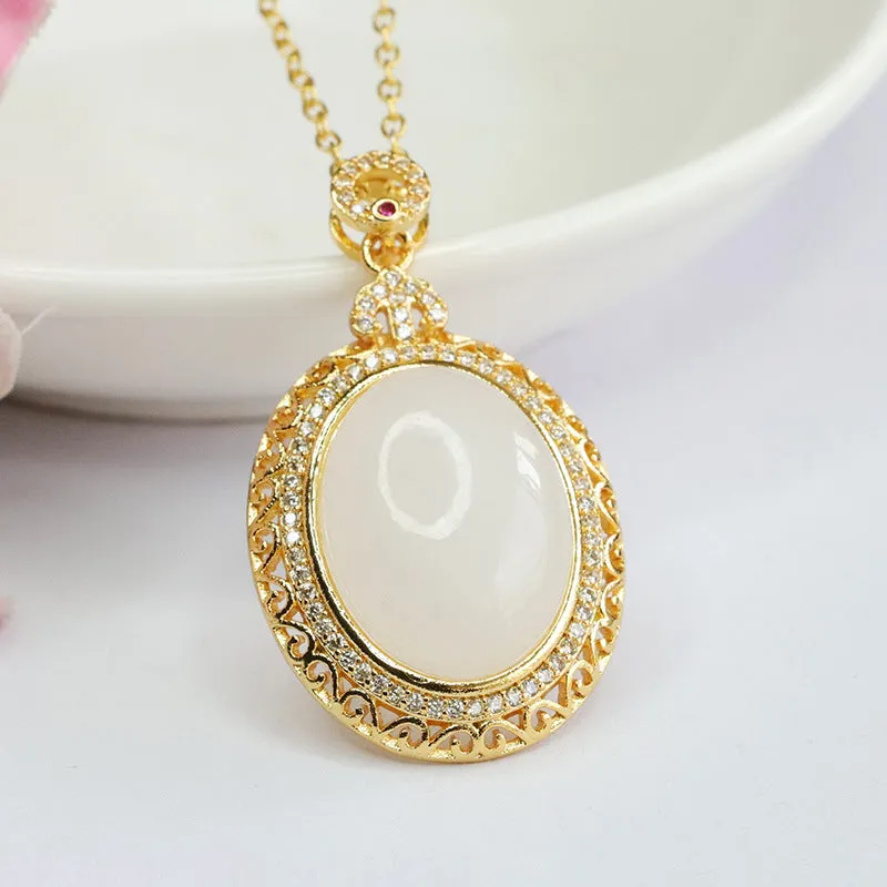 Hetian White Jade Zircon Necklace with Sterling Silver Fortune's Favor Pendant