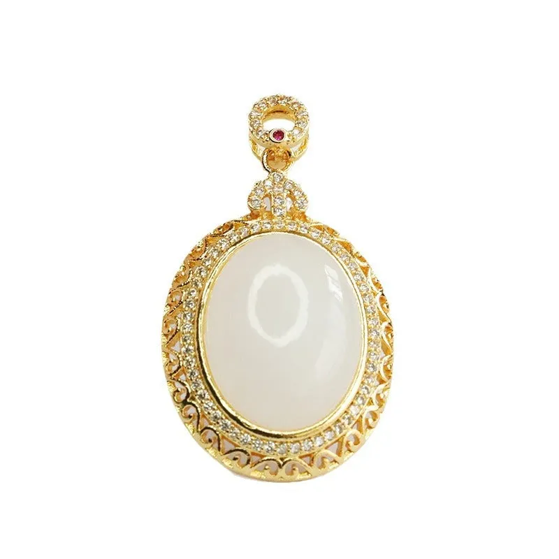 Hetian White Jade Zircon Necklace with Sterling Silver Fortune's Favor Pendant