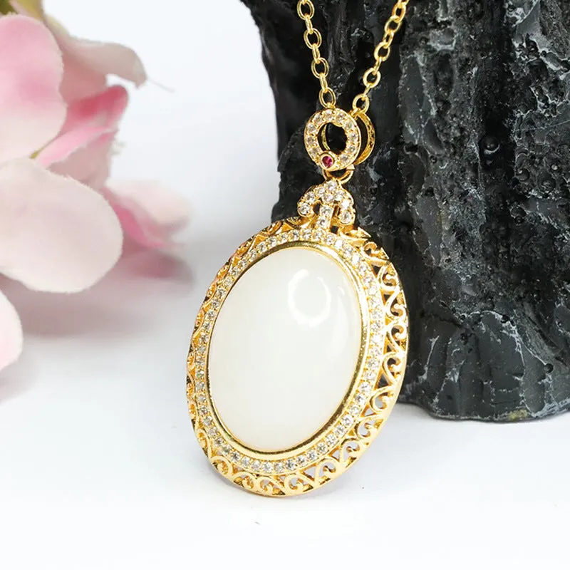 Hetian White Jade Zircon Necklace with Sterling Silver Fortune's Favor Pendant