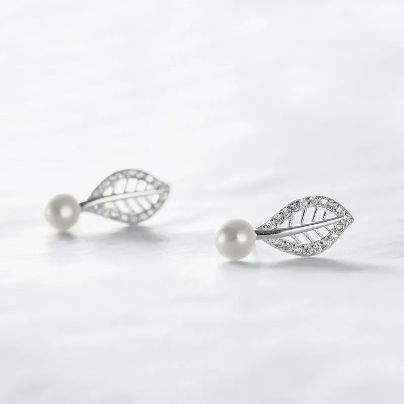 Hollow Zircon Leaf with Freshwater Pearl Silver Stud Earrings for Women