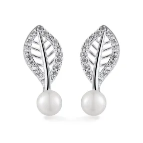 Hollow Zircon Leaf with Freshwater Pearl Silver Stud Earrings for Women