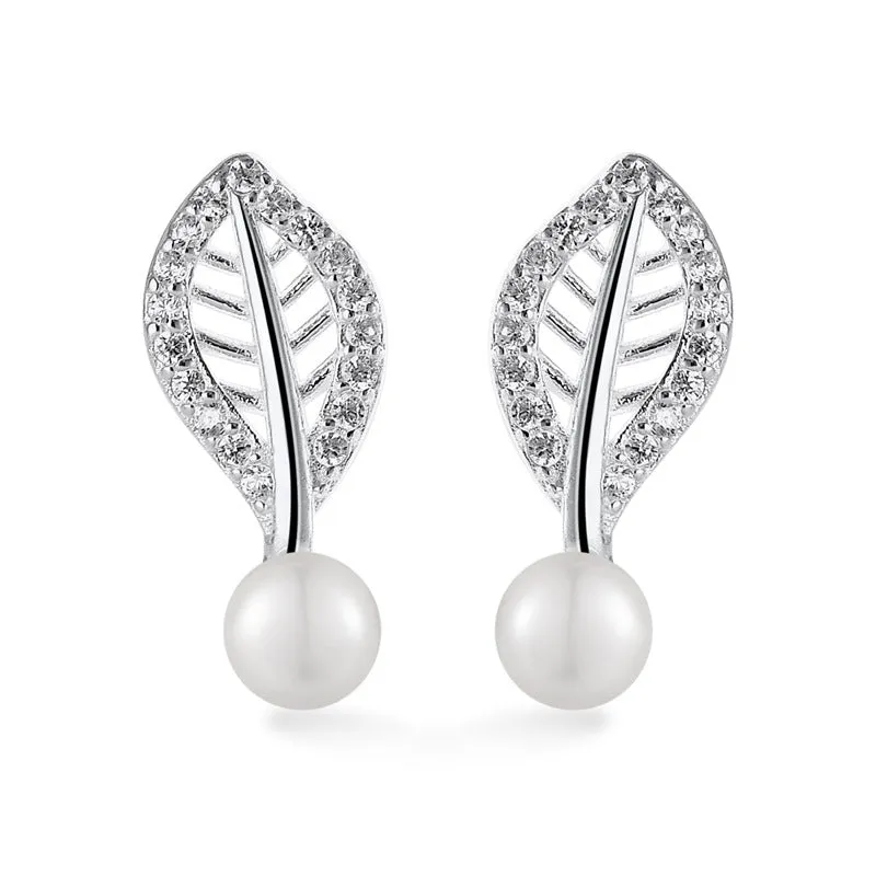 Hollow Zircon Leaf with Freshwater Pearl Silver Stud Earrings for Women