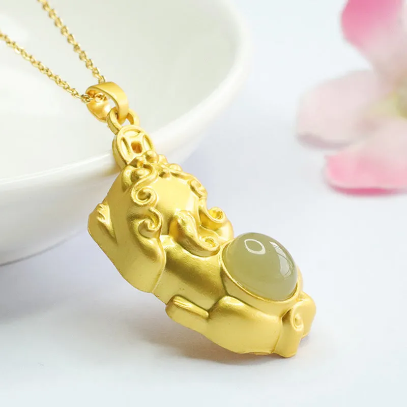 Hotan Jade Oval Pixiu Pendant with Sterling Silver Ayurveda Jewelry