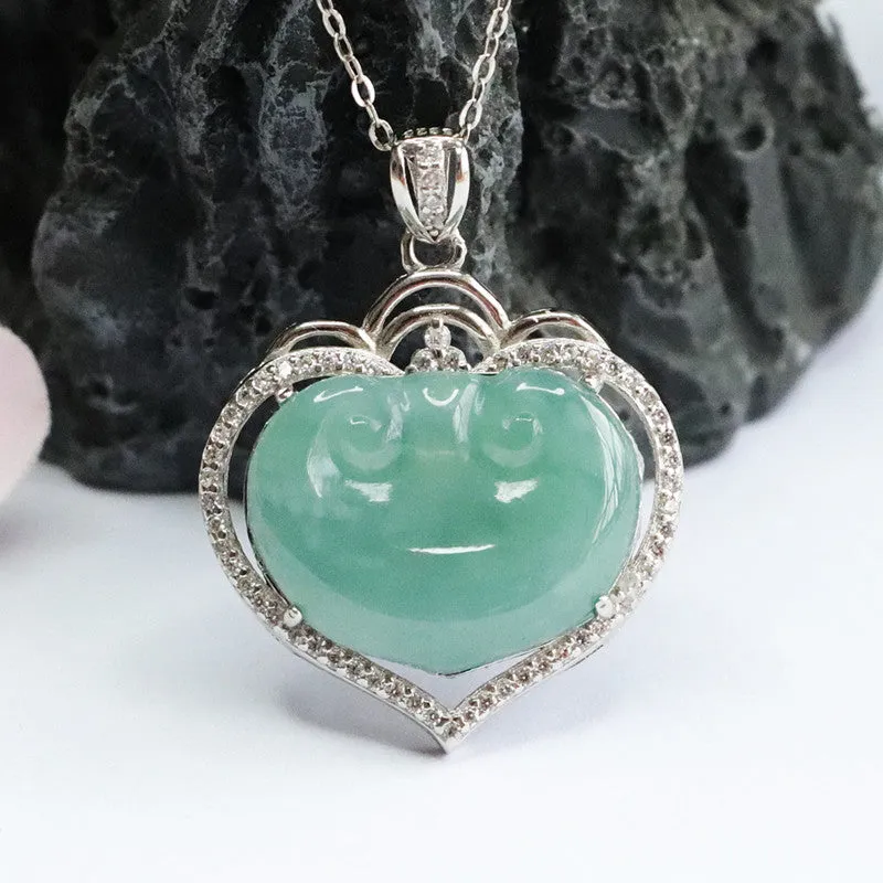 Ice Blue and Green Jade Sterling Silver Ruyi Hollow Love Zircon Necklace