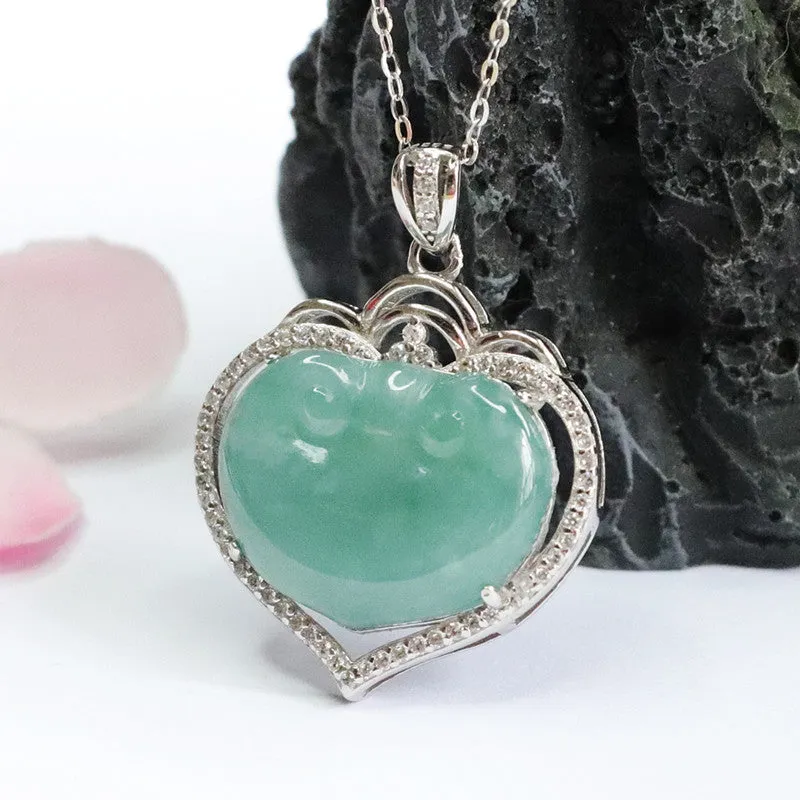 Ice Blue and Green Jade Sterling Silver Ruyi Hollow Love Zircon Necklace