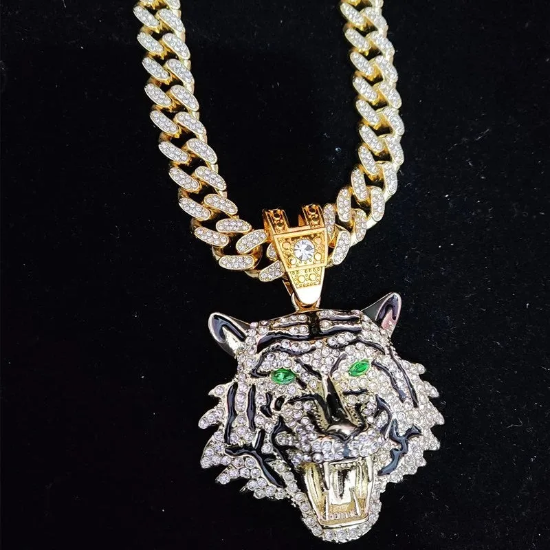 Iced Cuban Link Tiger Emerald Eyes Pendant Necklace