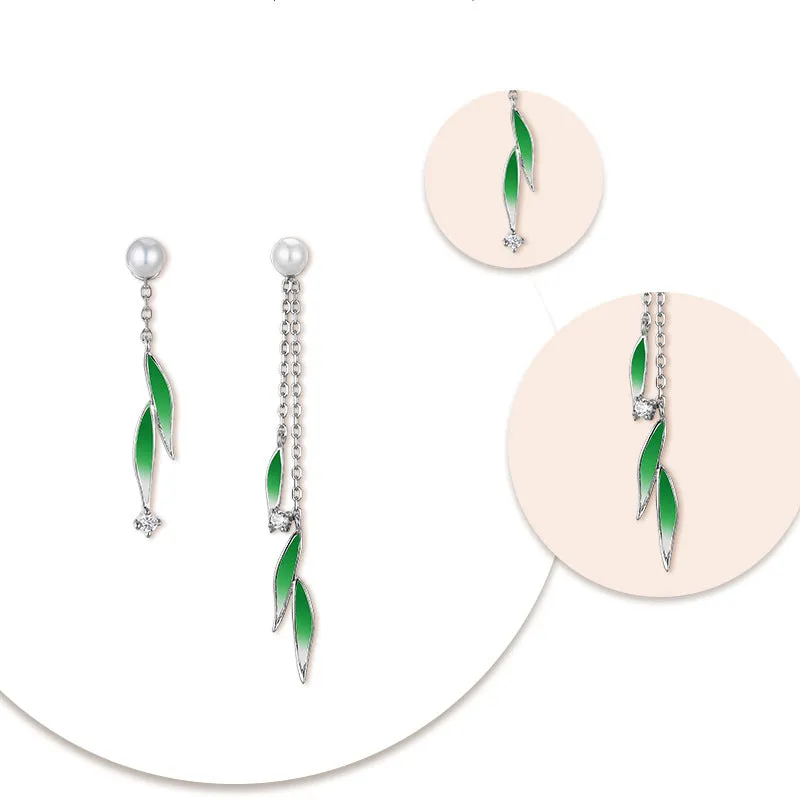 Irregular Gradient Leaf with Pearl Tassel Asymmetric Silver Drop Earrings for Women