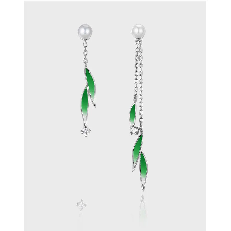 Irregular Gradient Leaf with Pearl Tassel Asymmetric Silver Drop Earrings for Women