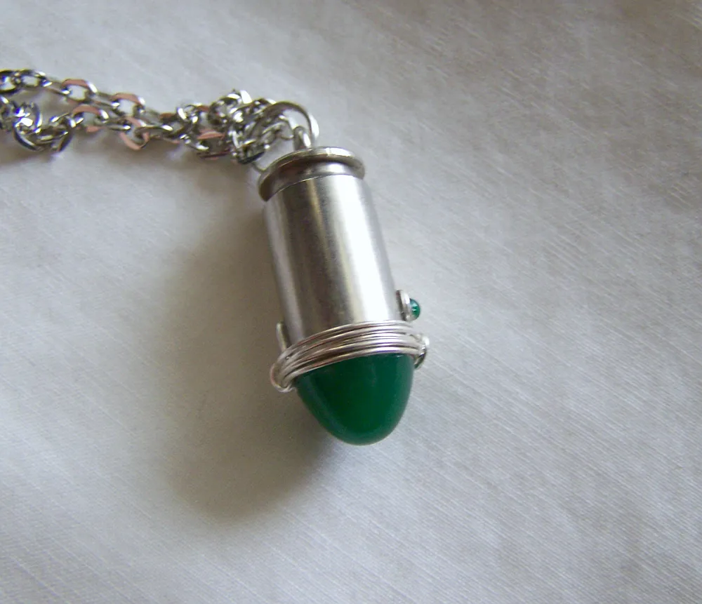 Jade Green Glass Silver Bullet Jewelry Pendant