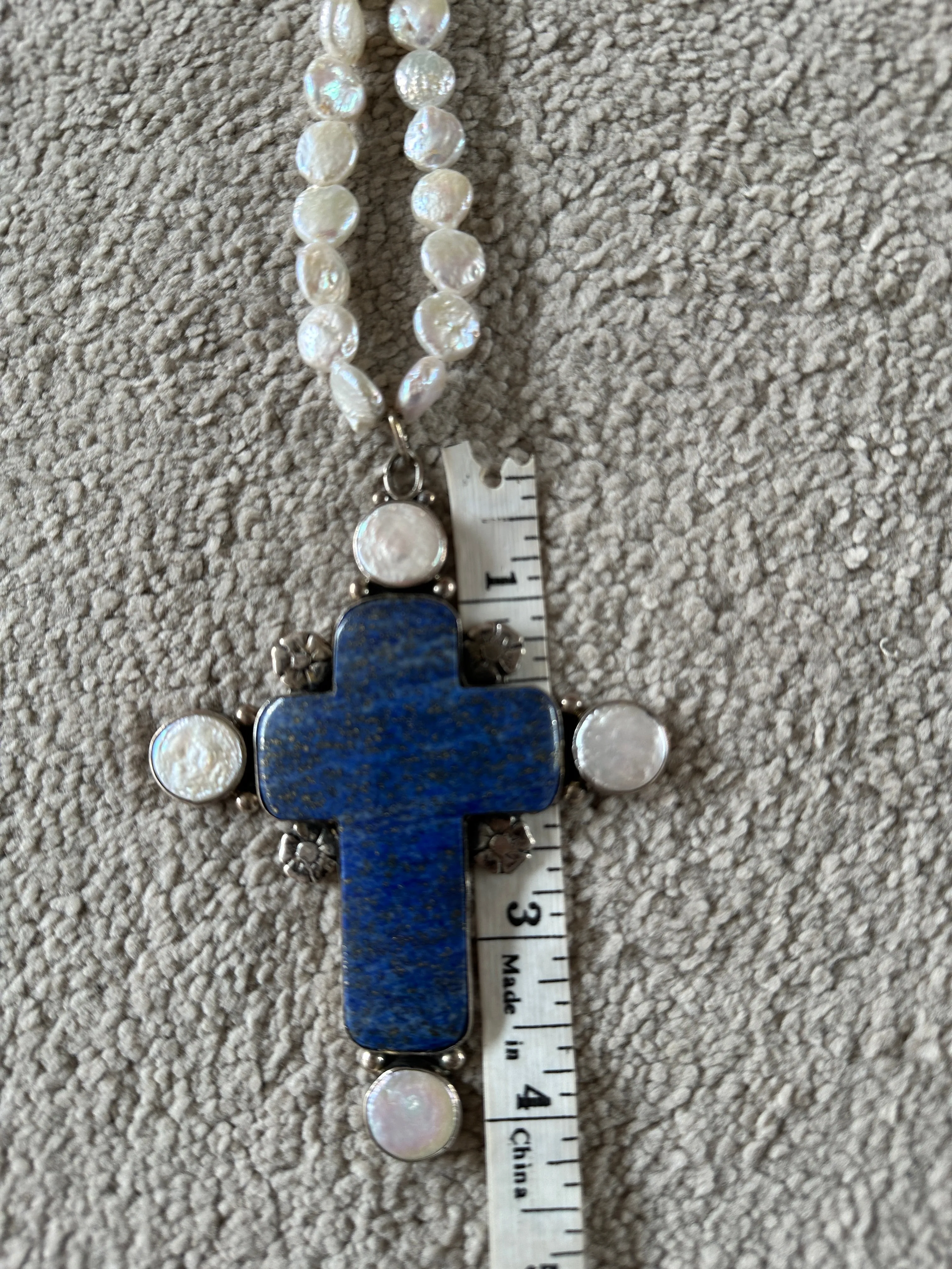 Joan Slifka Coin Pearl Necklace large lapis cross