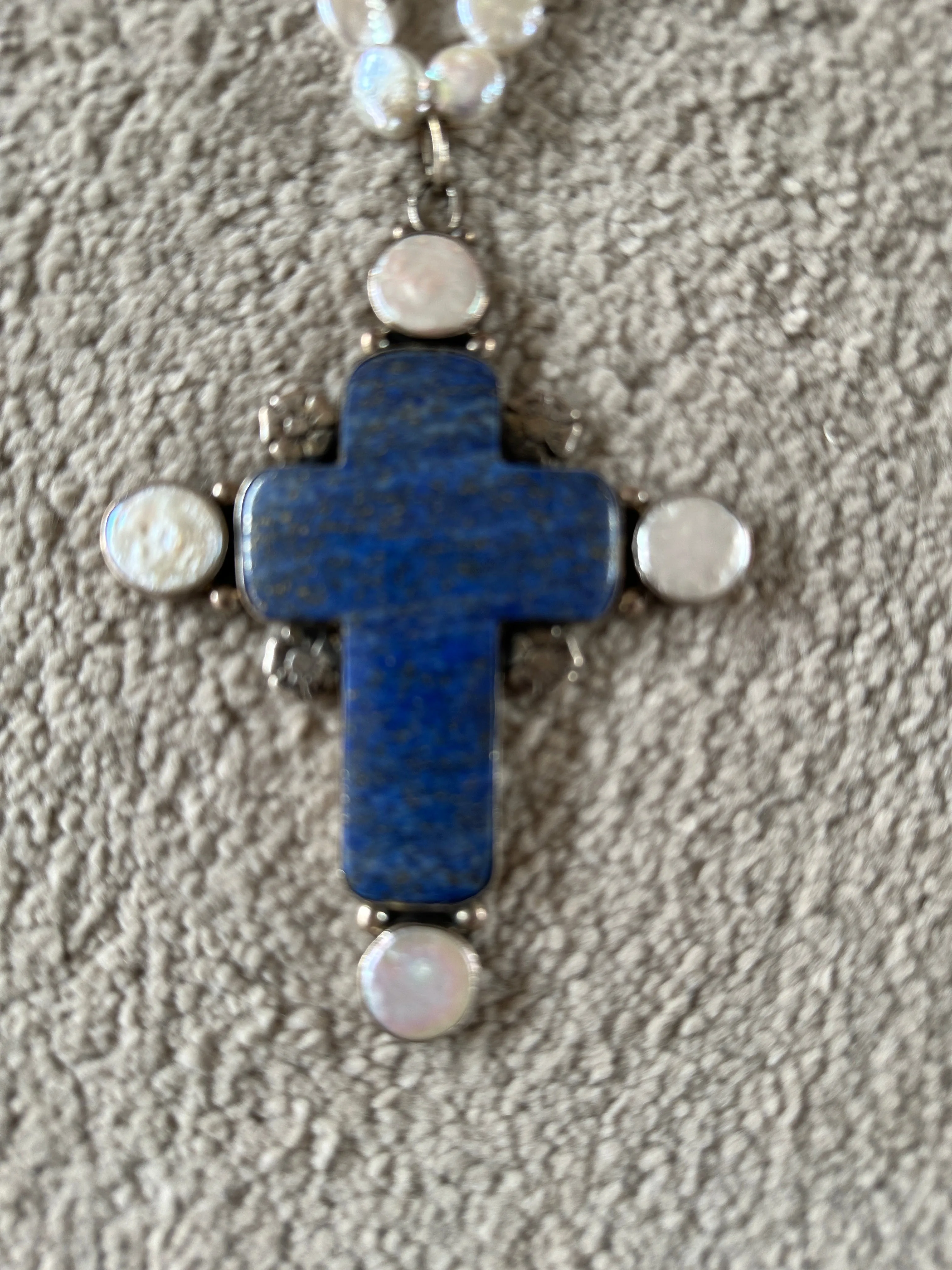 Joan Slifka Coin Pearl Necklace large lapis cross