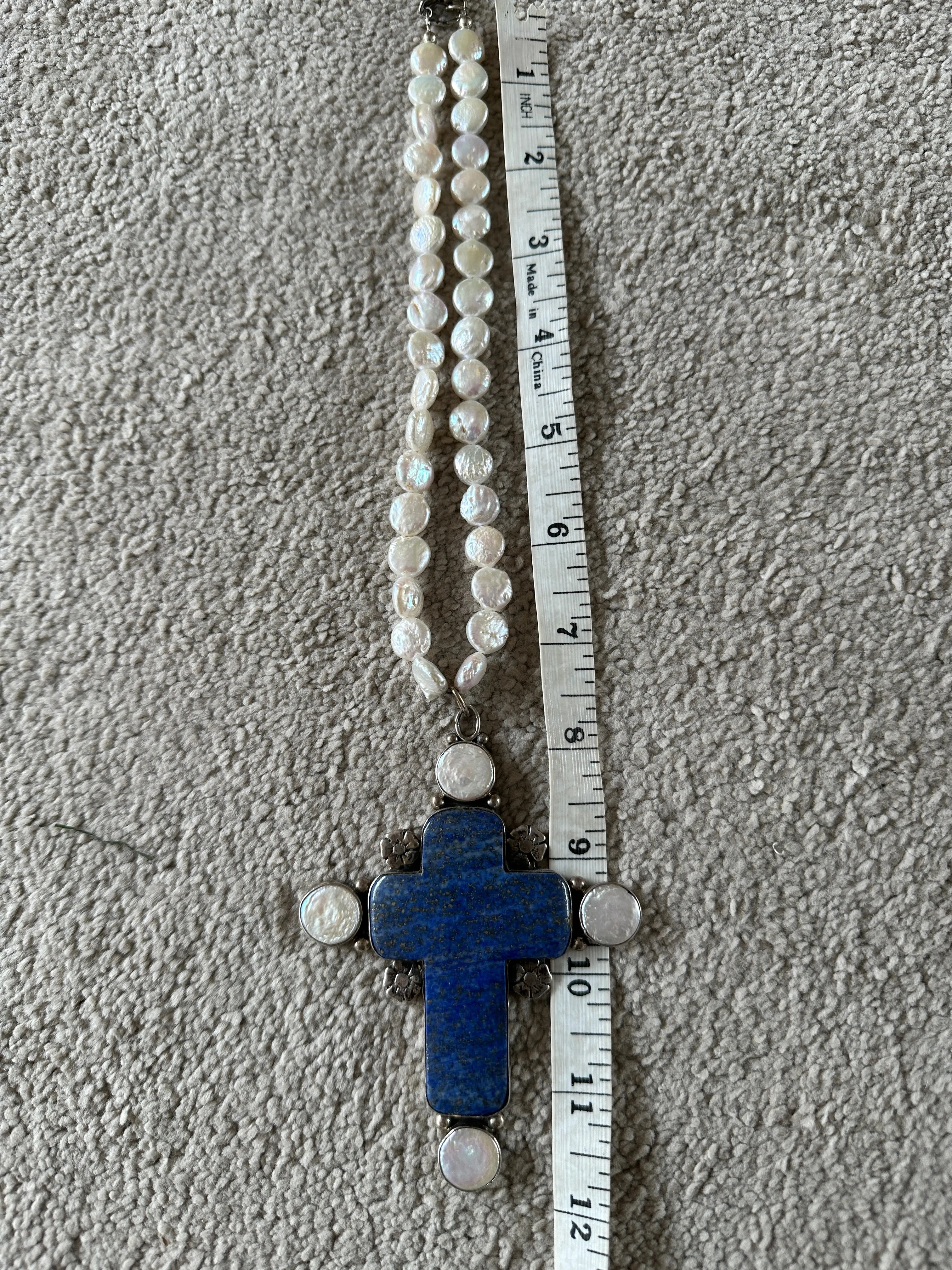 Joan Slifka Coin Pearl Necklace large lapis cross