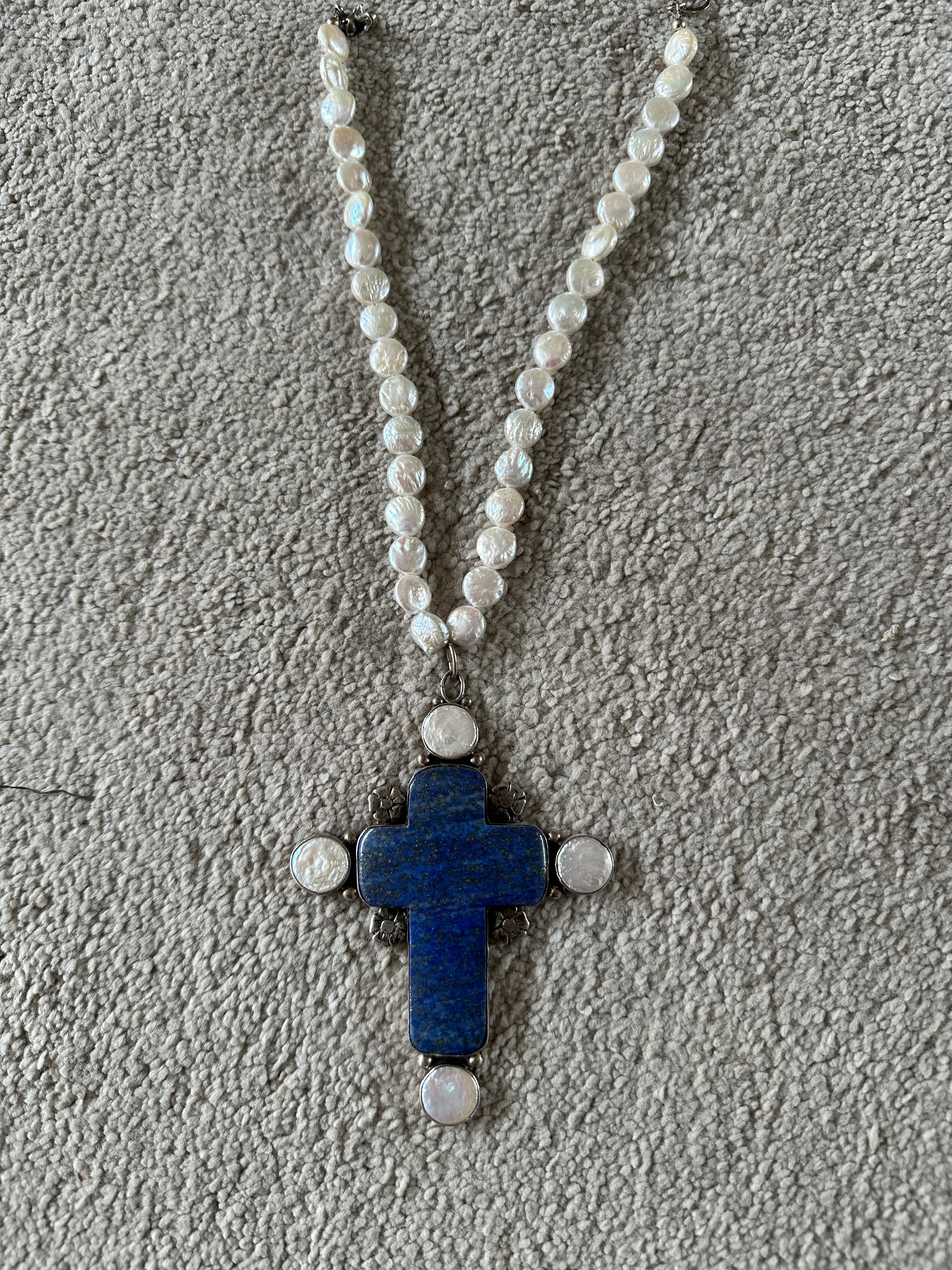 Joan Slifka Coin Pearl Necklace large lapis cross