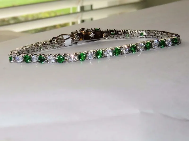 Ladies Emerald green simulate Cubic Zirconia Silver & Green tennis bracelets by Jewellery Kingdom | Electroplated with 18k white gold