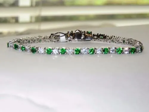 Ladies Emerald green simulate Cubic Zirconia Silver & Green tennis bracelets by Jewellery Kingdom | Electroplated with 18k white gold