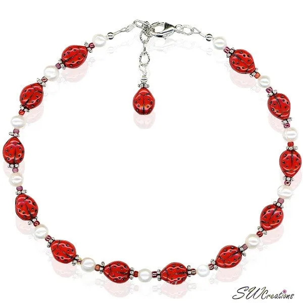 Ladybug Glass Pearl Beaded Anklet