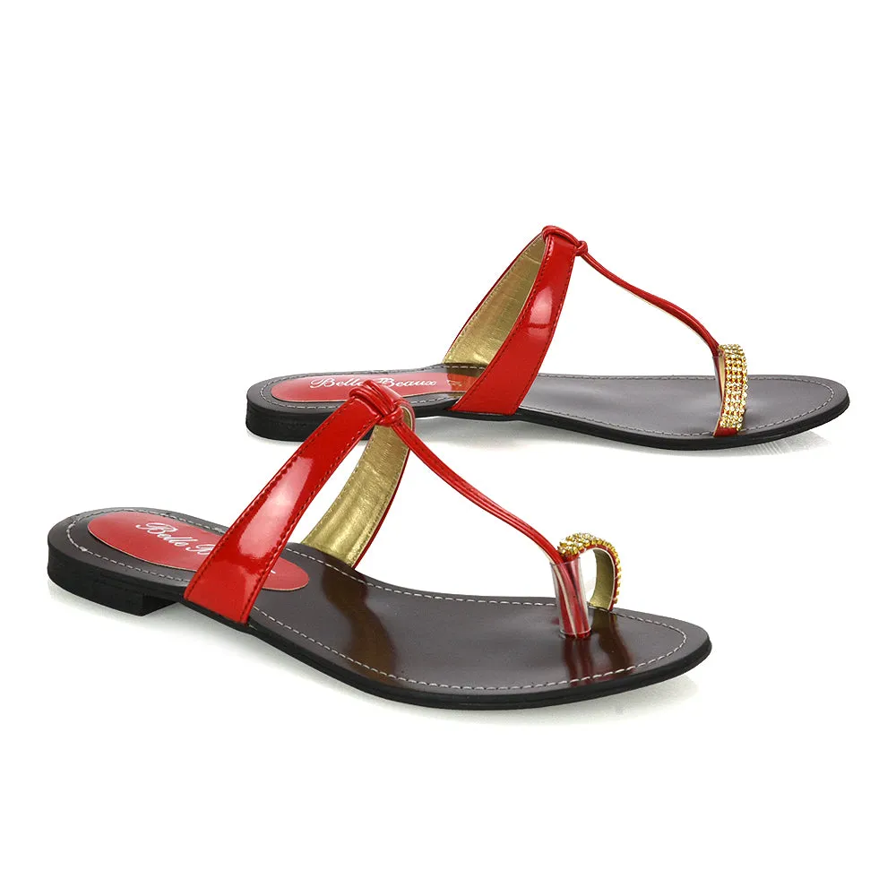 Lala Flat Strappy Diamante Detail Toe Ring Slider Summer Sandals in Red