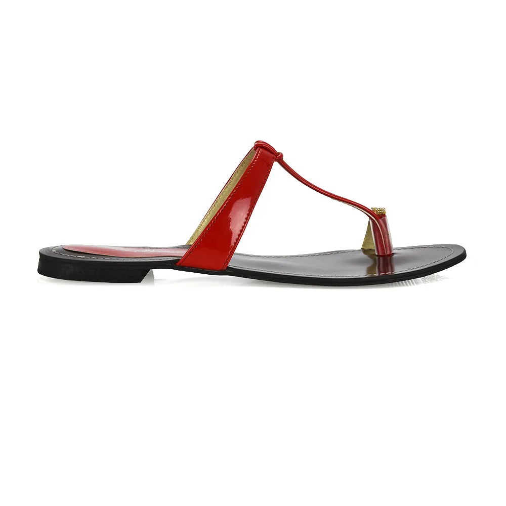 Lala Flat Strappy Diamante Detail Toe Ring Slider Summer Sandals in Red