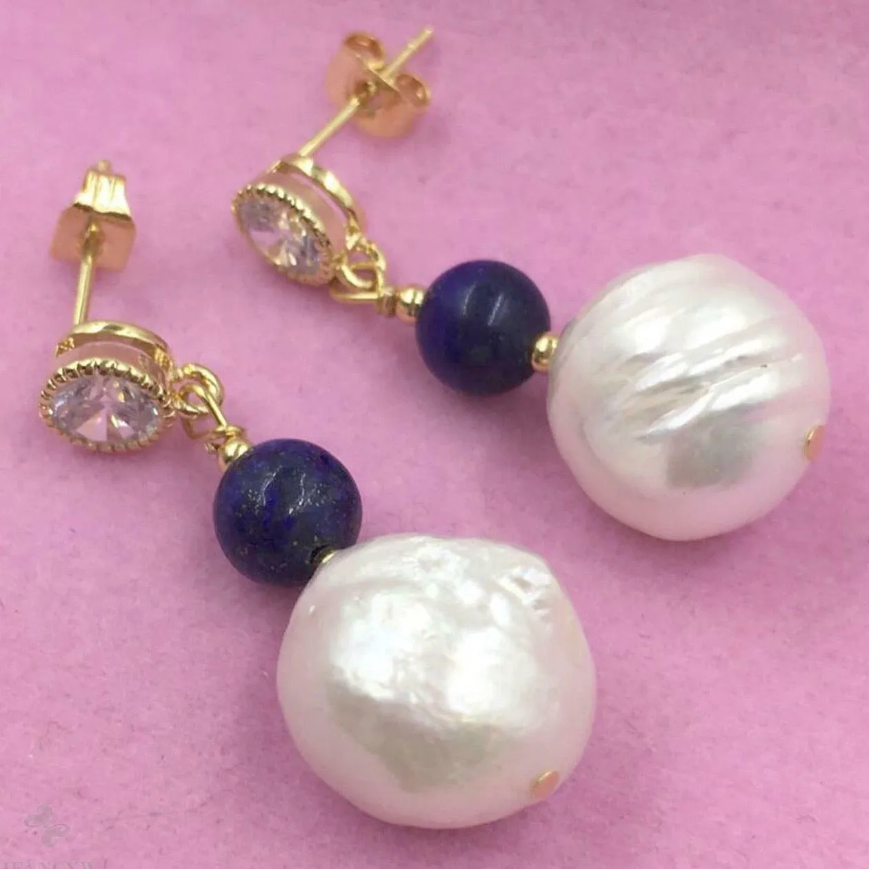 Lapis Lazuli and Baroque Pearl CZ Dangle Earrings