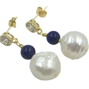 Lapis Lazuli and Baroque Pearl CZ Dangle Earrings