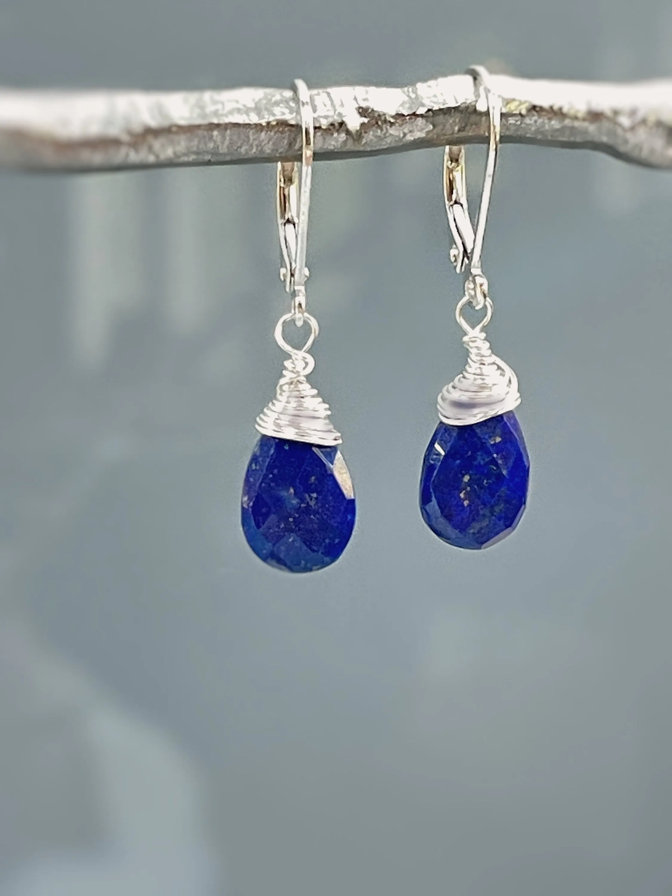 Lapis Lazuli Earrings Dangle, 14k Gold, Silver Teardrop