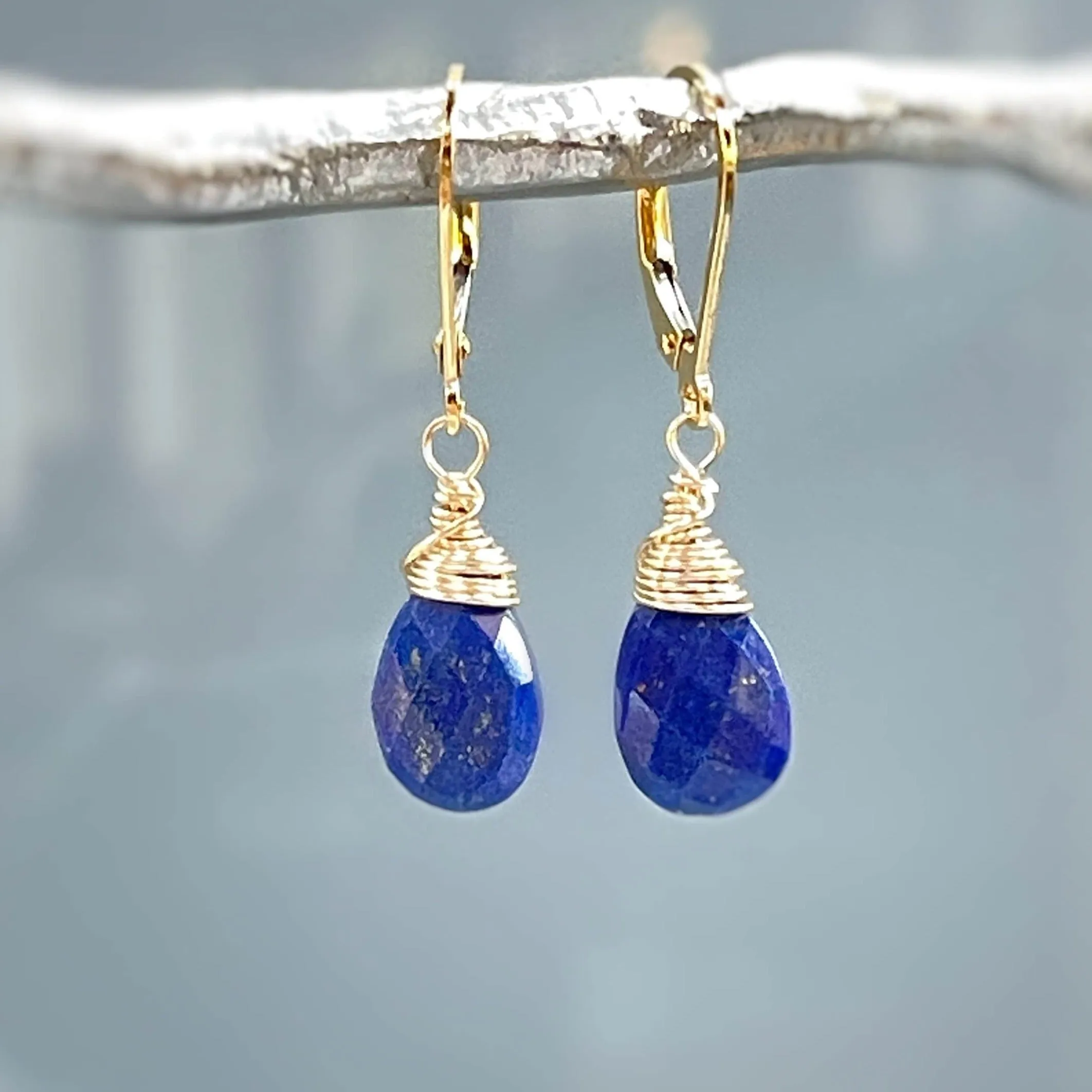 Lapis Lazuli Earrings Dangle, 14k Gold, Silver Teardrop