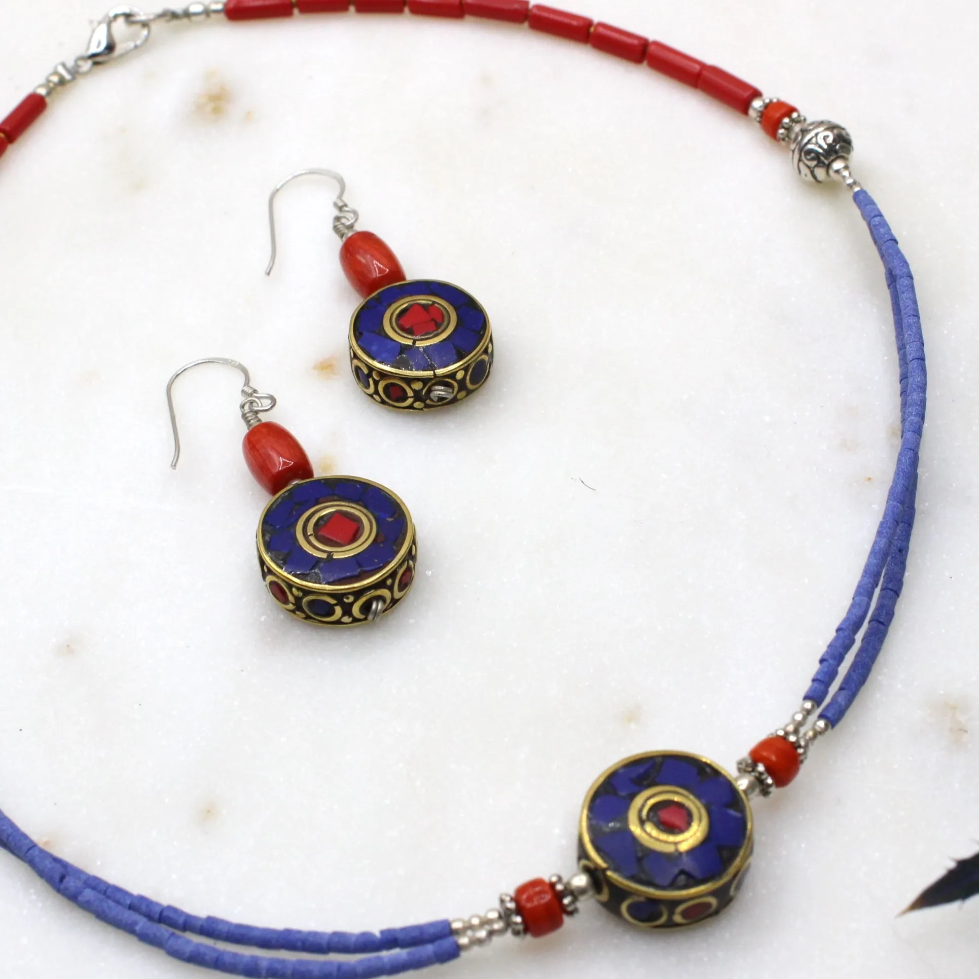 Lapis Lazuli Flat Bead Earrings with Coral Bead