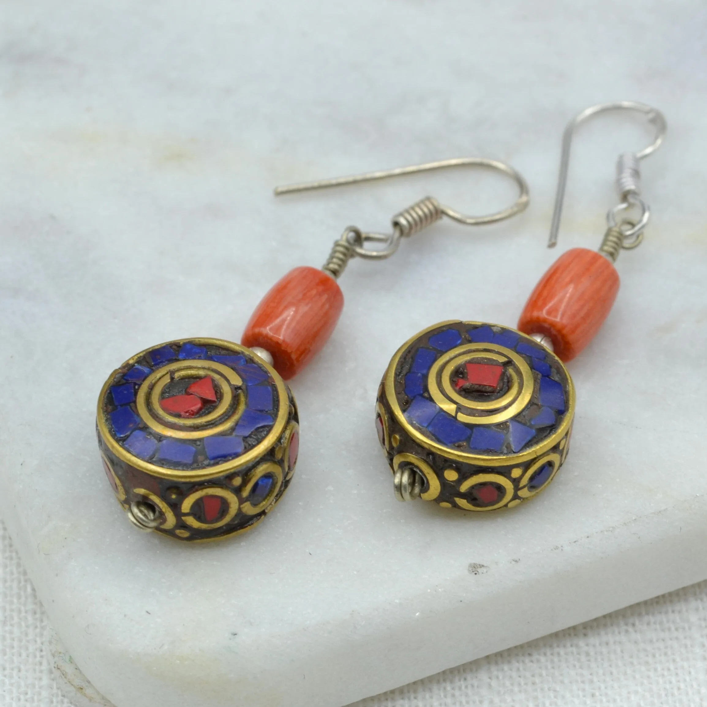 Lapis Lazuli Flat Bead Earrings with Coral Bead