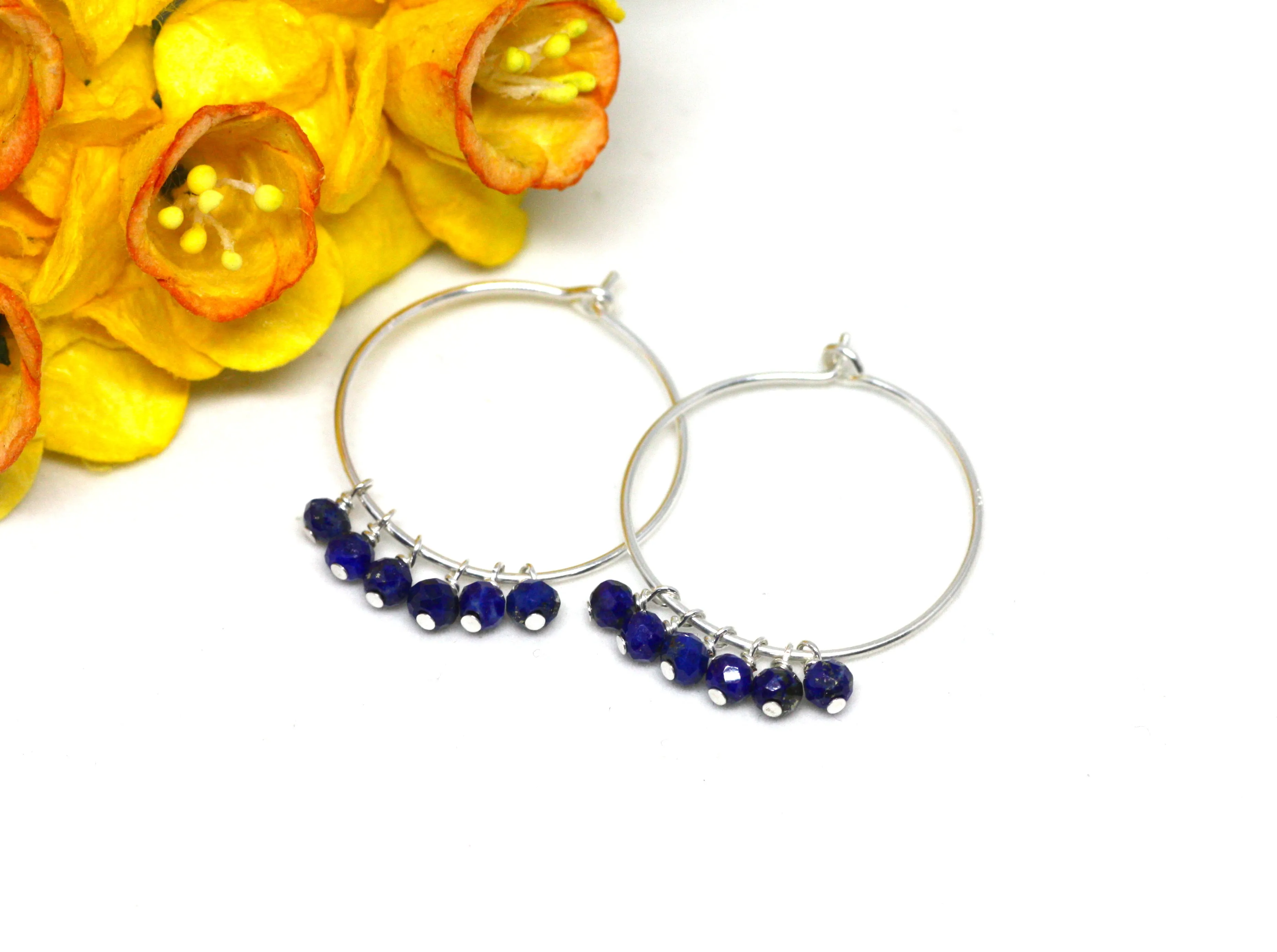 Lapis Lazuli Hoop Earrings in Silver