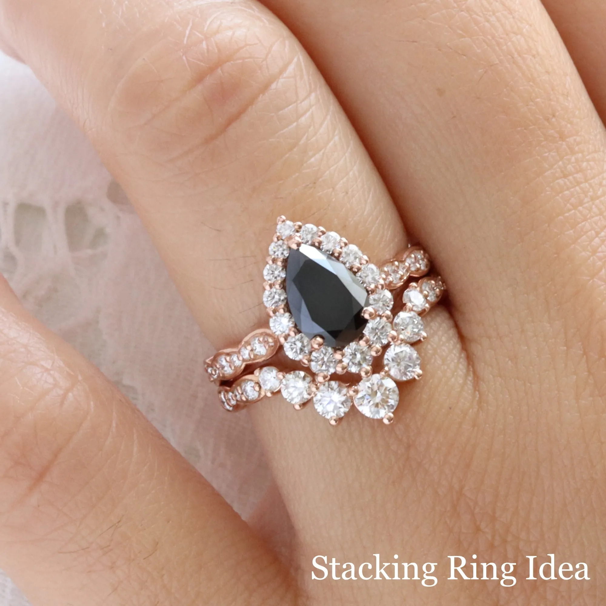 Large Pear Black Diamond Ring in Tiara Halo Diamond Scalloped Band