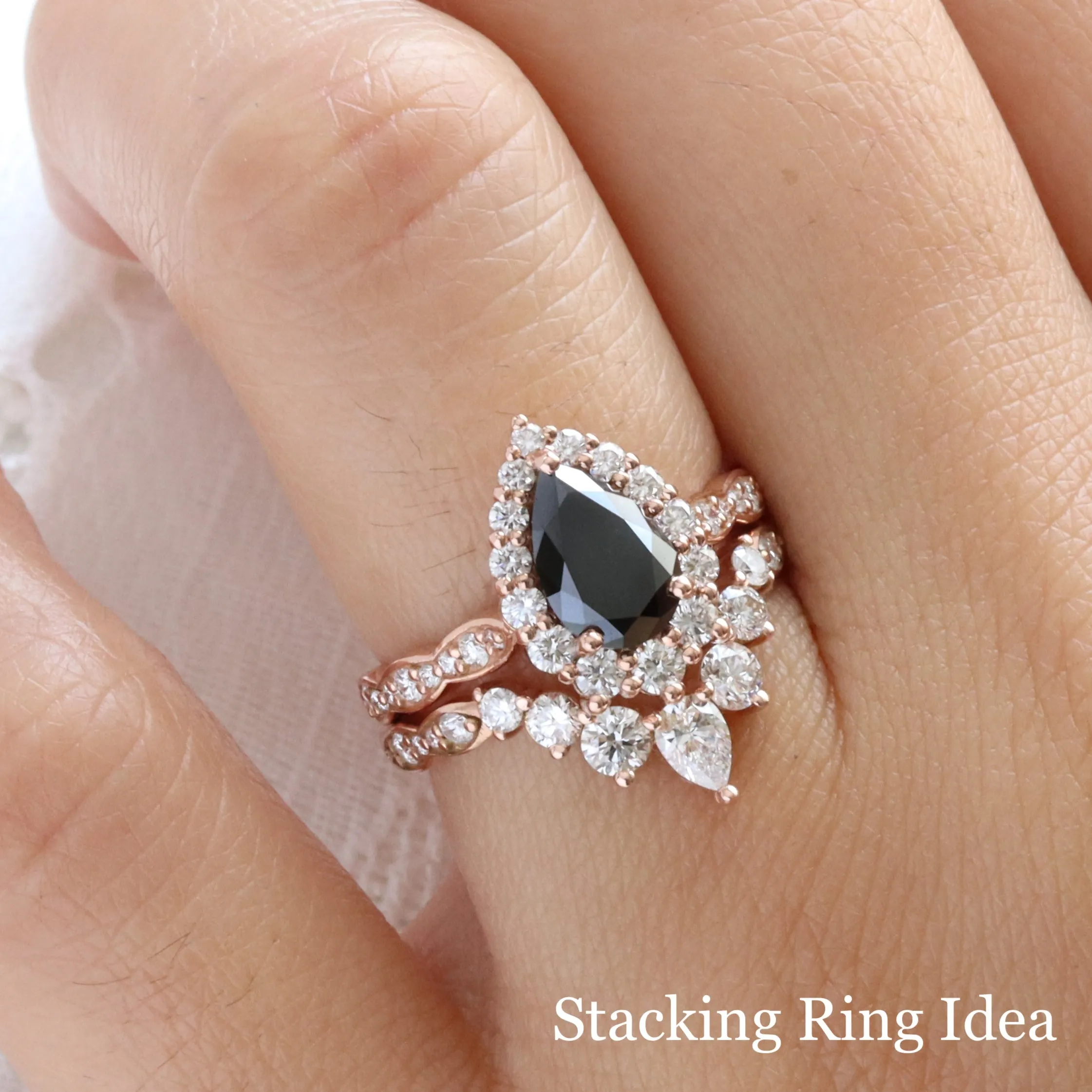 Large Pear Black Diamond Ring in Tiara Halo Diamond Scalloped Band