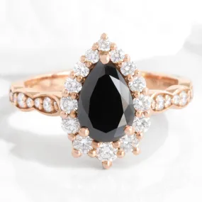 Large Pear Black Diamond Ring in Tiara Halo Diamond Scalloped Band