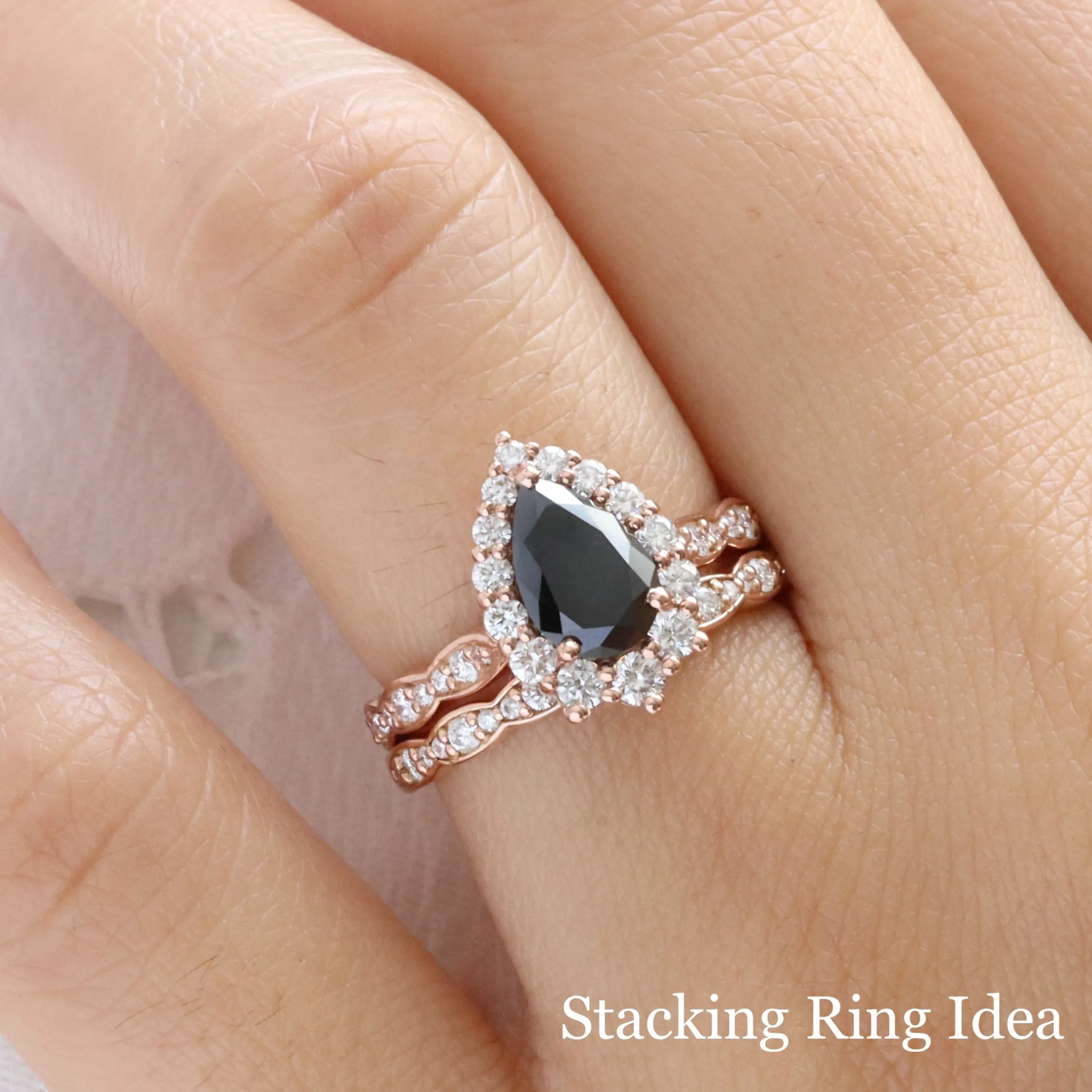 Large Pear Black Diamond Ring in Tiara Halo Diamond Scalloped Band