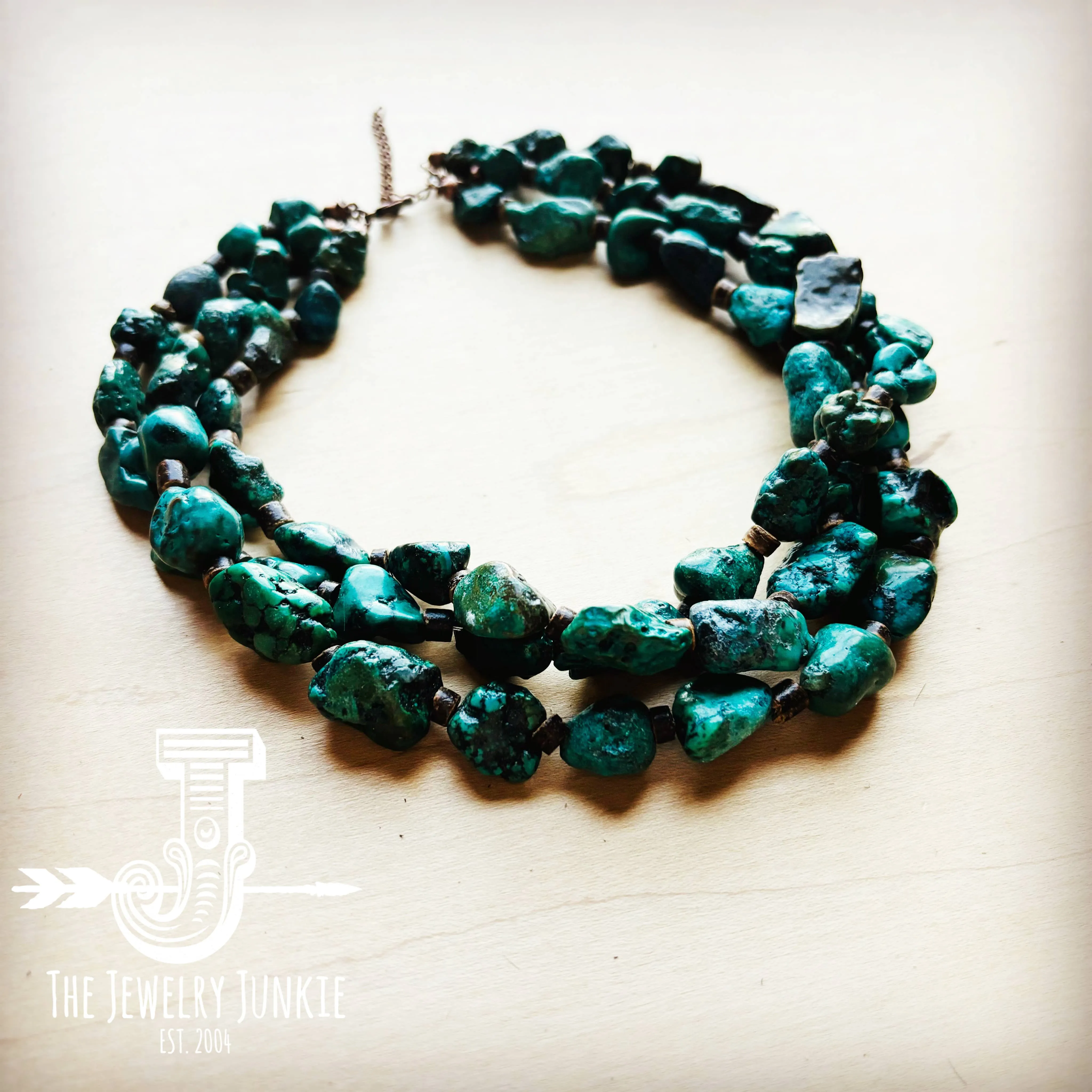 Large Triple Strand Natural Turquoise & Wood Collar Necklace