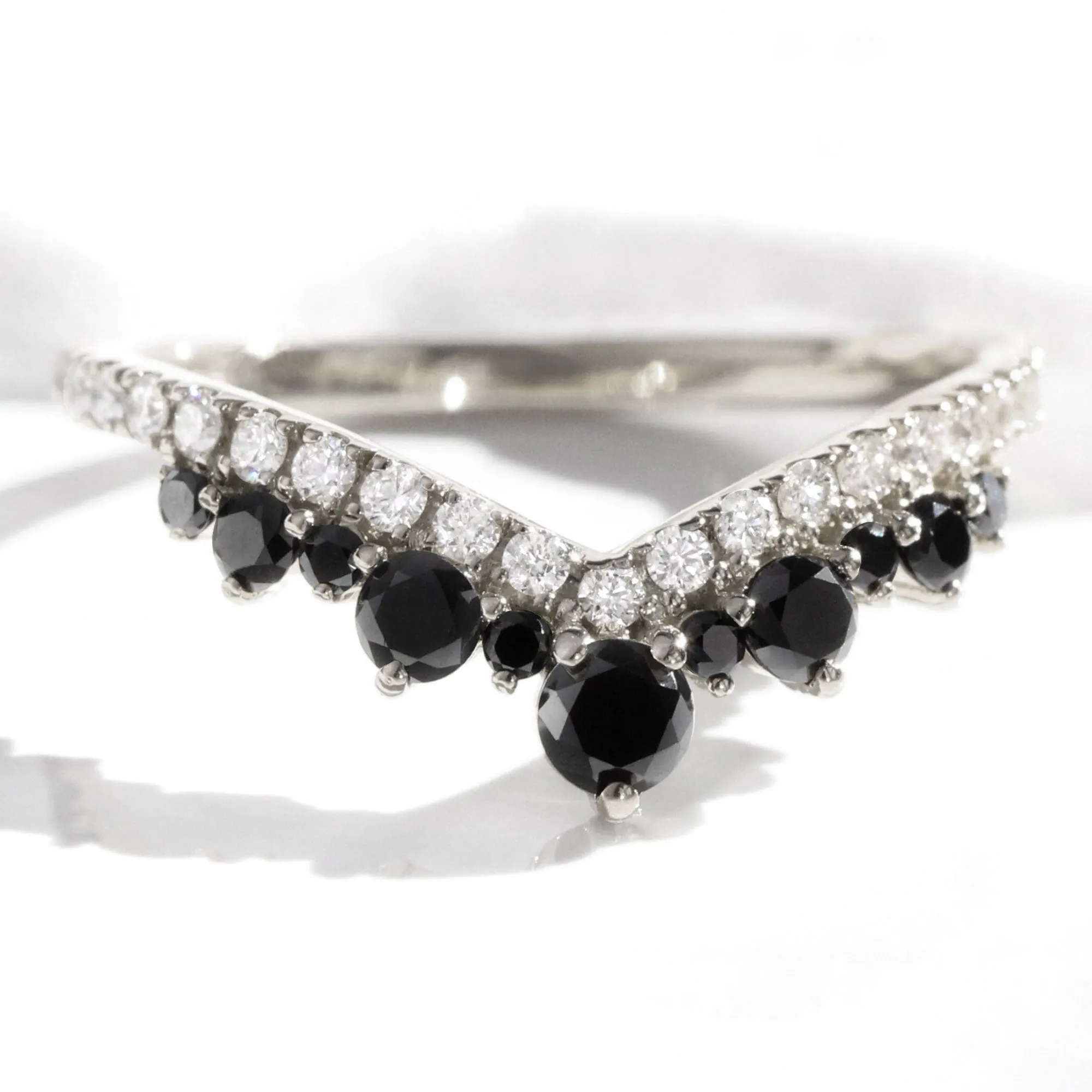 Large White and Black Diamond Ring in Deep V Shaped Tiara Wedding Band