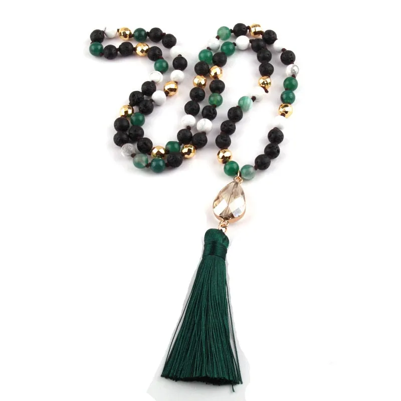 Lava Howlite Aventurine Knotted Crystal Long Tassel Necklace