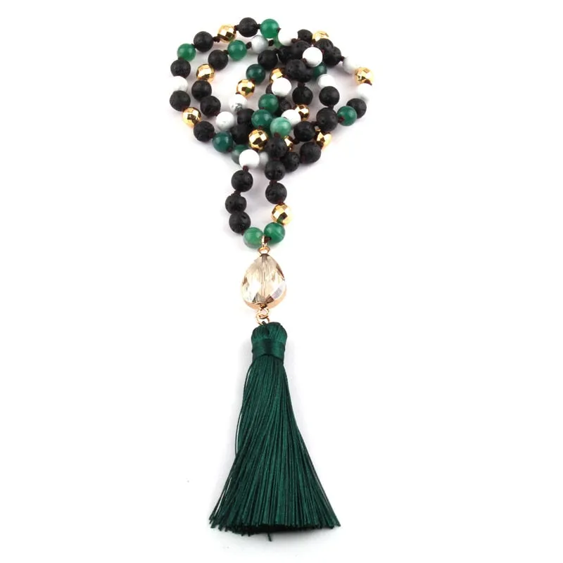 Lava Howlite Aventurine Knotted Crystal Long Tassel Necklace